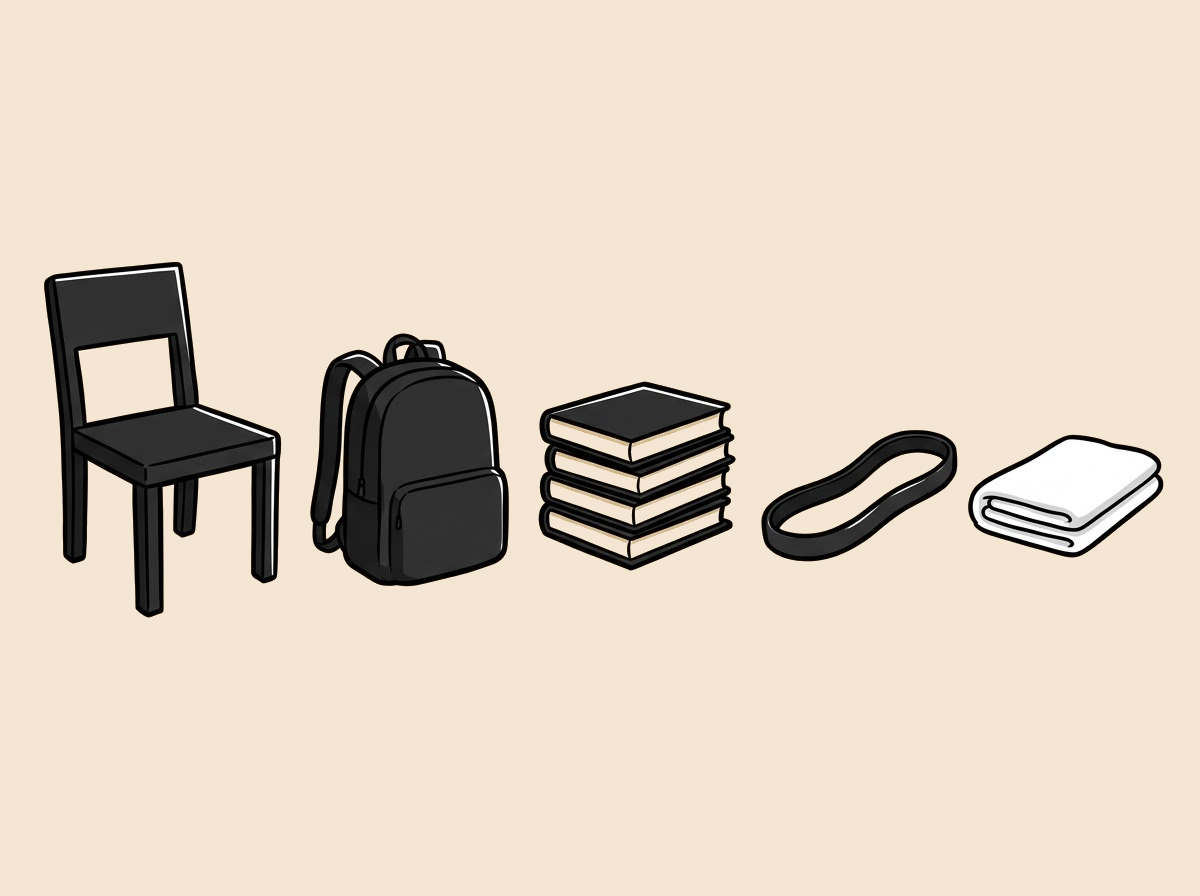 A chair, a backpack, books, a band and a towel