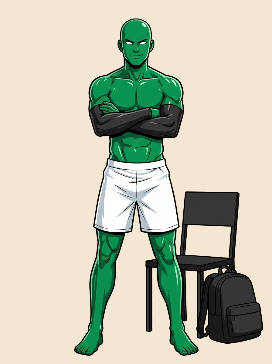 The No-Gym Physique character standing beside a chair and a loaded backpack